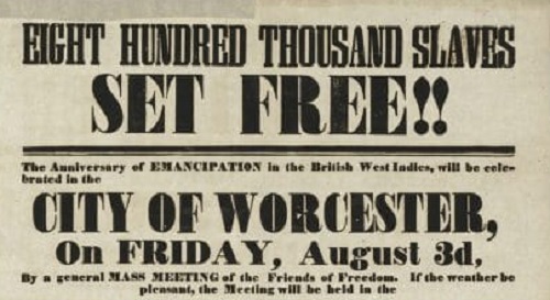 Poster for an event in Worcester, Massachusetts in 1849, to commemorate the end of slavery in the British West Indies.