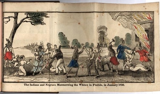 “The Indians and Negroes Massacring the Whites in Florida, in January 1836,” woodcut engraving depicting the slave uprising at the outbreak of the Second Seminole War.