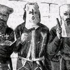 Line drawing of Ku Klux Klan members who were captured with their disguises and hoods. January 6, 1872.