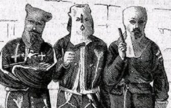 Line drawing of Ku Klux Klan members who were captured with their disguises and hoods. January 6, 1872.