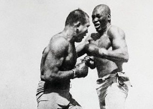 Jack Johnson fighting Jim Jeffries, Reno, 1910. Source: Nevada Historical Society.