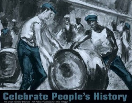 Justseeds poster showing dockworkers rolling a barrel.