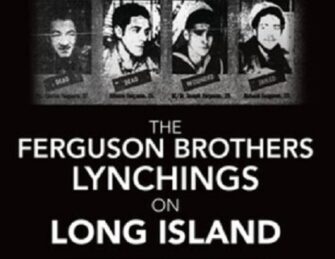 partial book cover showing four faces of people lynched on Long Island.