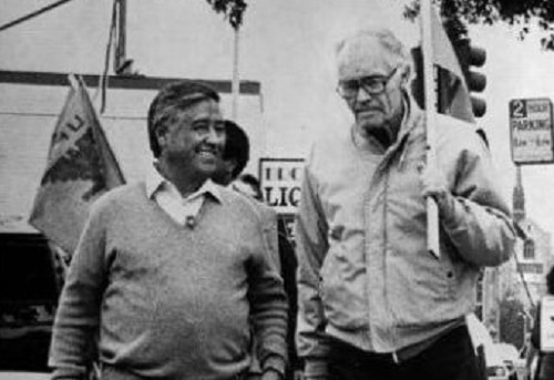 Cesar Chavez and Fred Ross during the Renewed Boycott Campaign of 1988.