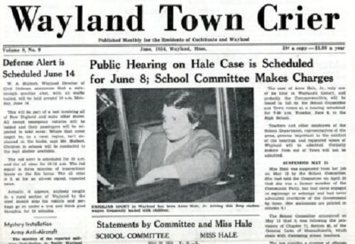 Newspaper clipping of the Wayland Town Crier for June 1954. Headline reads: “Public Hearing on Hale is Scheduled for June 8; School Committee Makes Charges.”