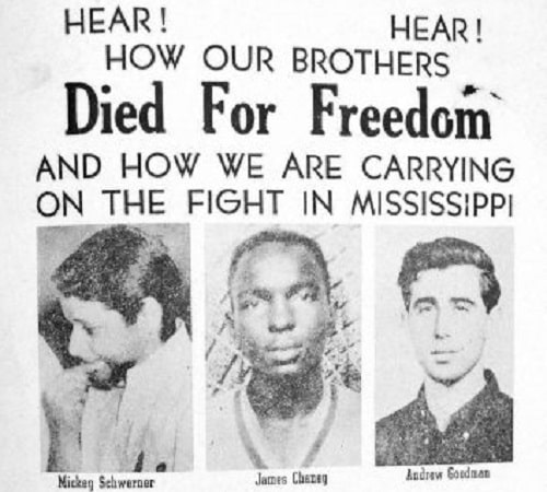 Missing persons poster created by the FBI in 1964, shows the photographs of Goodman, Chaney, and Schwerner.