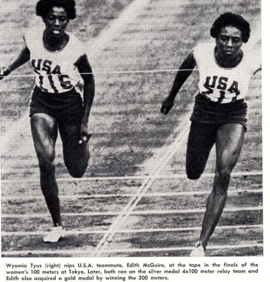 Wyomia Tyus (right) crossing the finish line at the 1964 Tokyo Olympics.