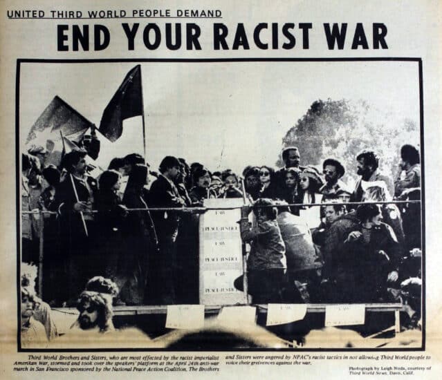photo of April 24, 1971 anti-Vietnam war protest with caption reading "End Your Racist War."