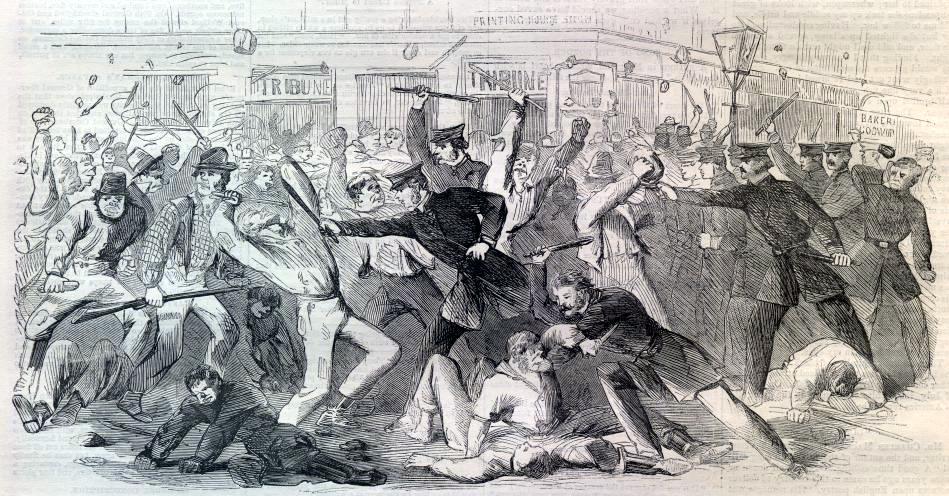 Depiction of rioters and police during the New York City draft riots of 1863.