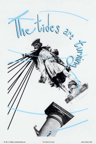 Painting of a Columbus statue toppling, with the words "The tides are turning" transposed on top.