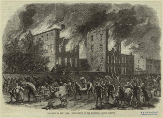 July 13-16, 1863: New York City Draft Riots (This Day in History) - Harper's Weekly illustration of the burning of the orphanage during the Draft Riots | Zinn Education Project: Teaching People's History