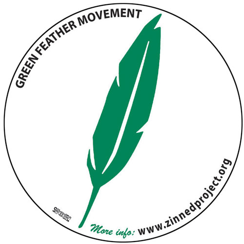 Click to make a donation and receive your own Green Feather Movement button or sticker.