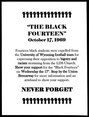 Flyer calling people to wear black armbands to show support of the Black 14. Image: Irene Schubert Black 14 Colection at the Univ. of Wyoming.