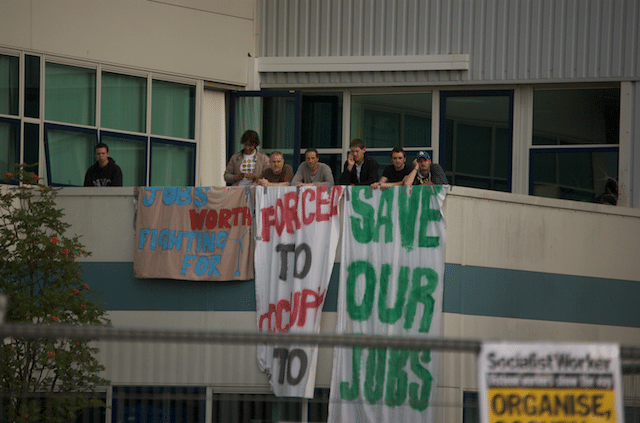 People taking part in the sit in at the Vestas plant in Newport, Isle of Wight.