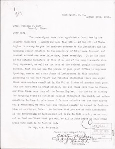 Aug. 13, 1910: Ministers Appeal to President Taft After Slocum Massacre (This Day in History) - Committee cover letter to President Taft | Zinn Education Project: Teaching People's History