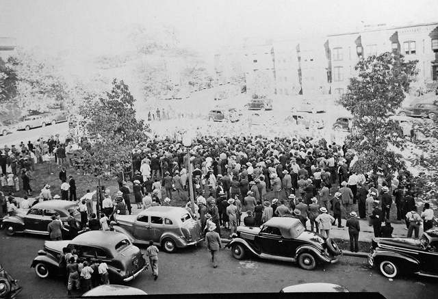 A crowd gathers at 10th & U Street NW on Sunday September 14, 1941 to protest police brutality in Washington, D.C. Image courtesy of the D.C. Public Library Historical Image Collection