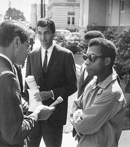 Howard Zinn, James Baldwin, and a journalist on Freedom Day in Selma, Alabama, October, 1963.