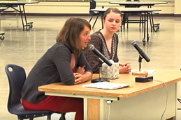 Gaby Lemieux testifying before the school board.