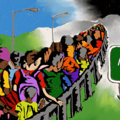 A colorful painting of people being deported back to Mexico, by Kaelyn Savard.