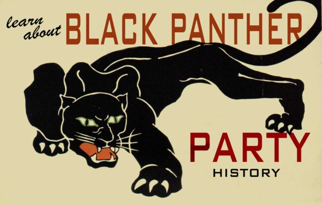 Painting of a large black panther with the words "Learn About Black Panther Party History" written around the panther.