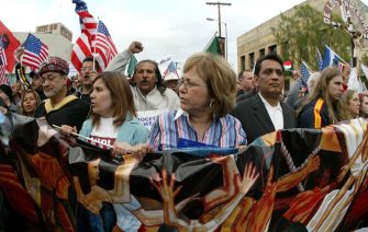 Immigration rights demonstrators march Monday, April 10, 2006, through downtown Los Angeles. (Source: Alamy Stock Photo/Zuma Press, Inc)