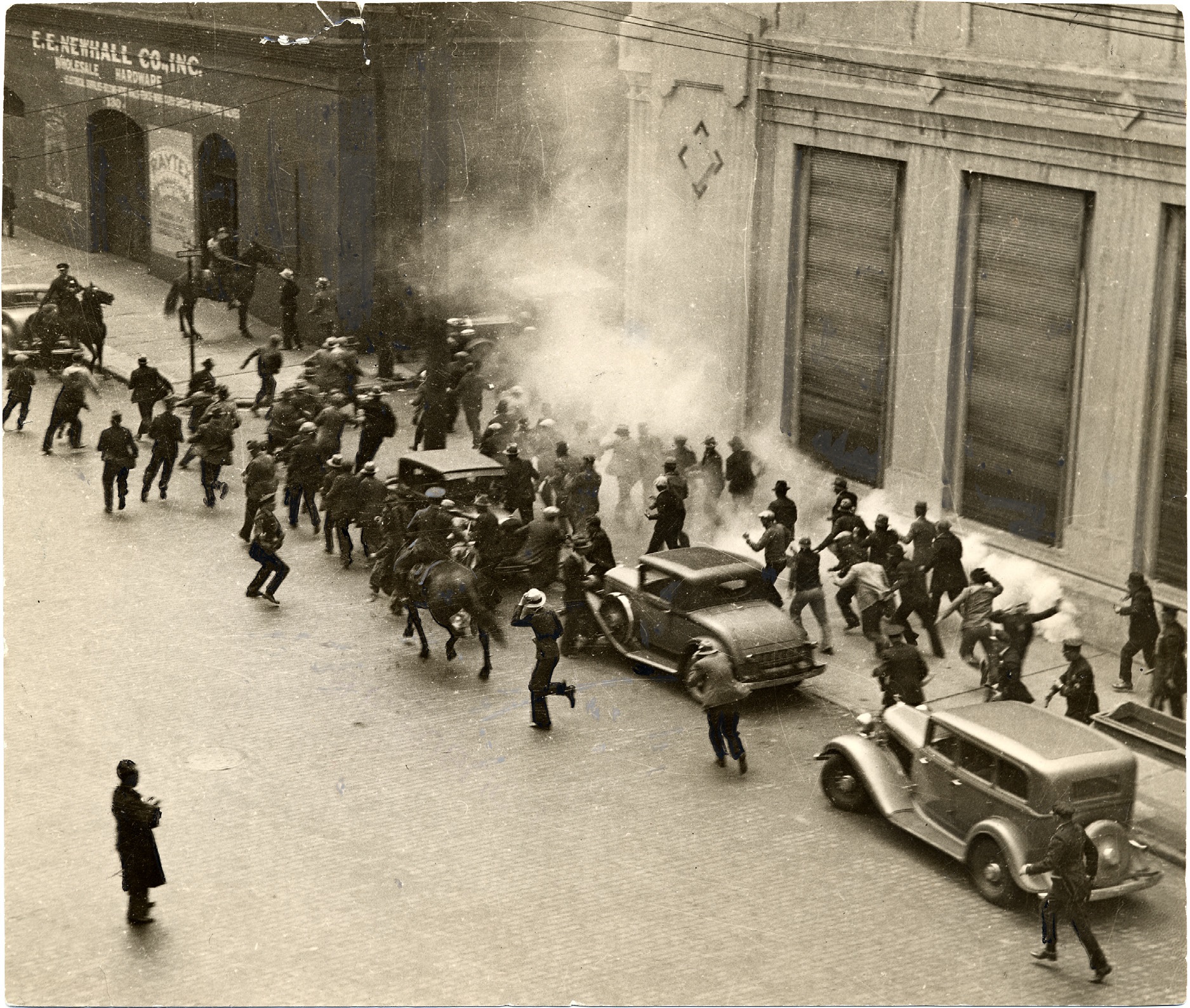 Police use tear gas against participants in San Francisco’s 1934 general strike.