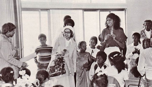 Rosa Parks and Ericka Huggins at a Black Panther Party free breakfast program.