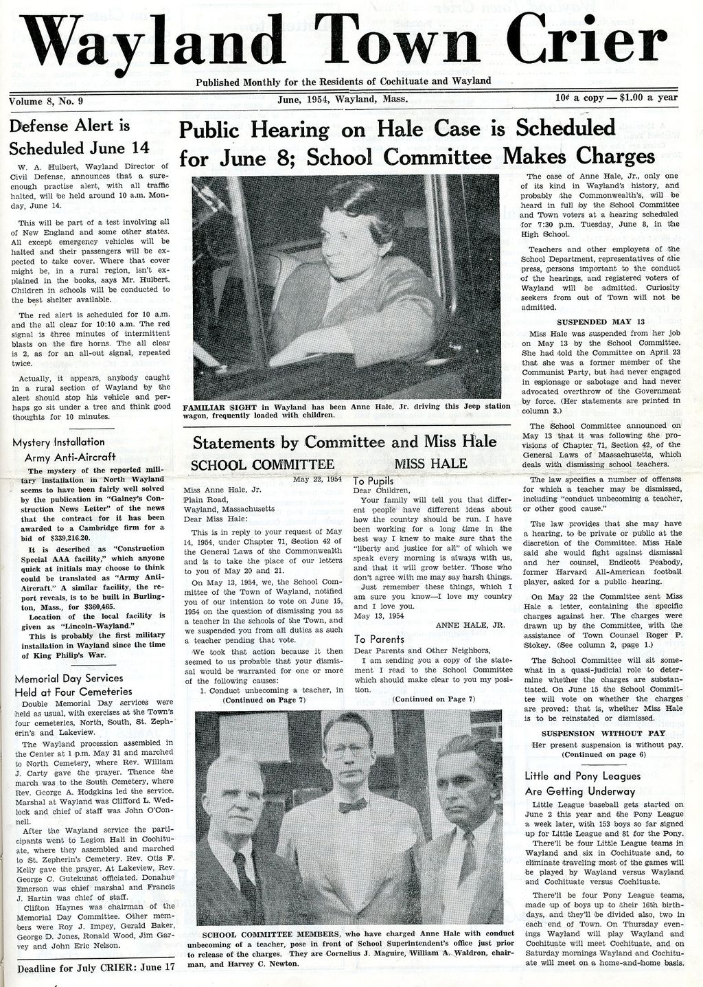 pictured: Newspaper clipping of the Wayland Town Crier for June 1954. Headline reads: “Public Hearing on Hale is Scheduled for June 8; School Committee Makes Charges.” Photo courtesy of the Boston Globe