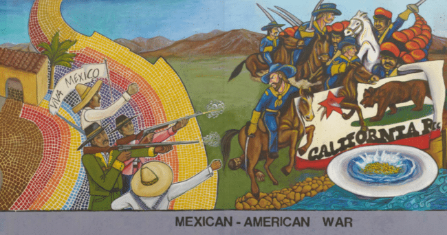 A depiction of two panels from The Great Wall of Los Angeles, a mural by Judy Baca. These panels show depictions from the Mexican-American War.