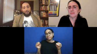 a screenshot of Zoom presenters Jesse Hagopian and Jeanne Theoharis, as well as an ASL interpreter. 