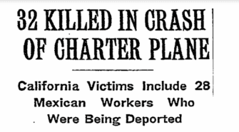 Newspaper headline reading "32 Killed in Crash of Charter Plane"