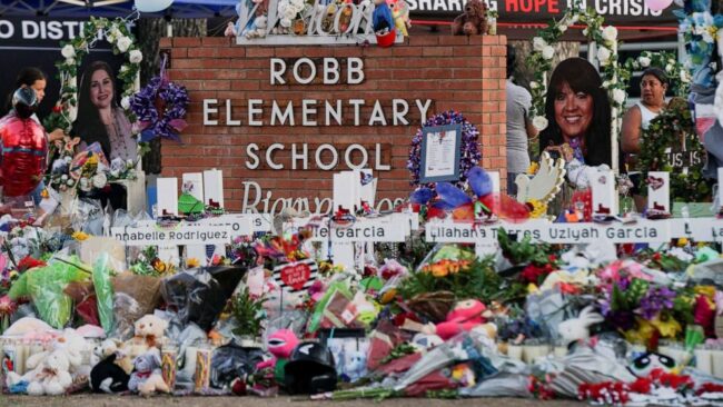 Flowers, toys, and other objects are seen at a memorial for the victims of the deadliest mass shooting in nearly a decade resulting in the death of 19 children and two teachers at Robb Elementary School in Uvalde, Texas, May 29, 2022.