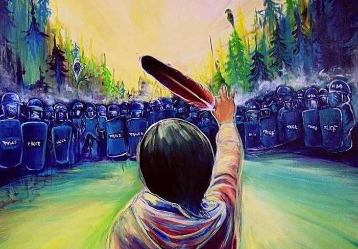 A beautiful reworking of an iconic image from Elsipogtog, by artist Fanny Aishaa. The original photo was taken by Ossie Michelin, a reporter for APTN and the woman is Amanda Polchies.