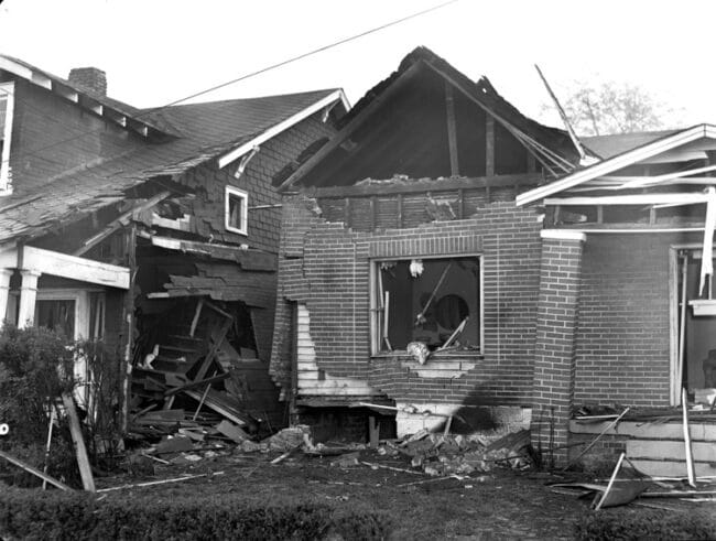 Civil rights leader Z. Alexander Looby’s house after being bombed in April 1960; the bombing remains unsolved.