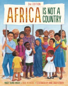 illustration showing Africans of all ages, genders, and nationalities holding a sign reading "Africa is Not a Country."