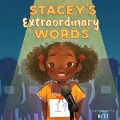 Book cover illustration of young Black girl spotlighted at a microphone.