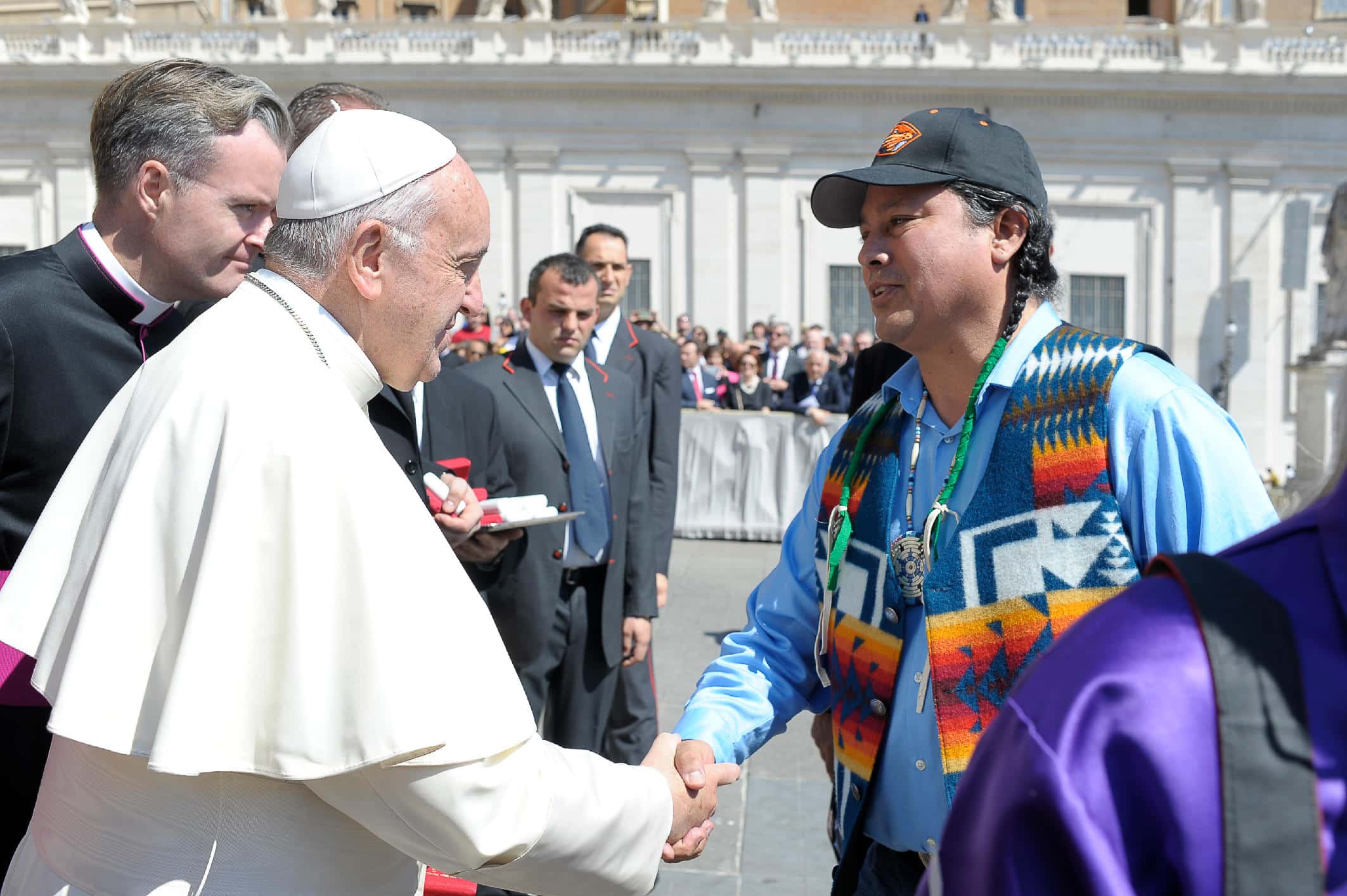 Indigenous delegate David Close meets with Pope Francis during the Long March to Rome and Delegation Lead to the Mission in Rome.