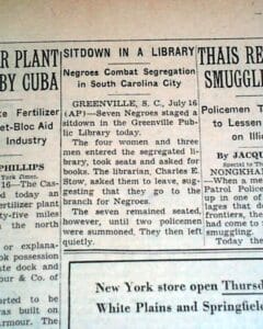 New York Times article about a 1960 library sit-in in Greenville, South Carolina.