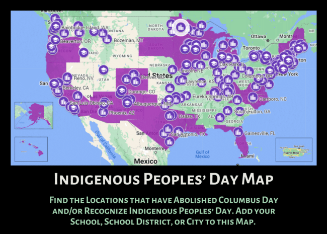 A map of the United States showing all cities, states, and schools that recognize Indigenous Peoples' Day (and/or have abolished Columbus Day)