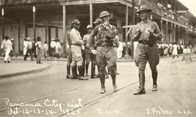 United States soldiers patrolling the streets of Panama City during the latter days of the tenant revolt in 1925.