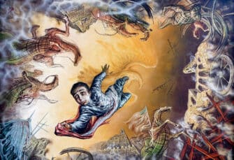 Gabriel Flores' ceiling mural at the Castillo de Chapultepec depicts Juan Escutia leaping from the castle walls to his death, wrapped in the Mexican flag in order to prevent the flag from falling into enemy (U.S.) hands.