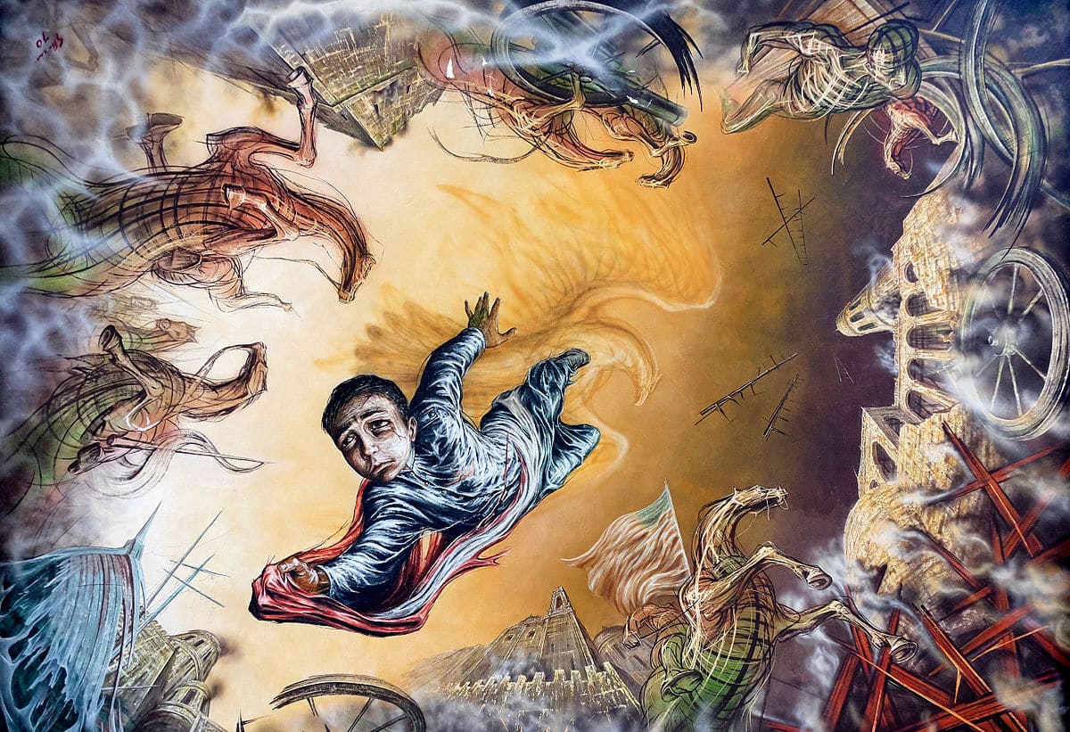 Gabriel Flores' ceiling mural at the Castillo de Chapultepec depicts Juan Escutia leaping from the castle walls to his death, wrapped in the Mexican flag in order to prevent the flag from falling into enemy (U.S.) hands.
