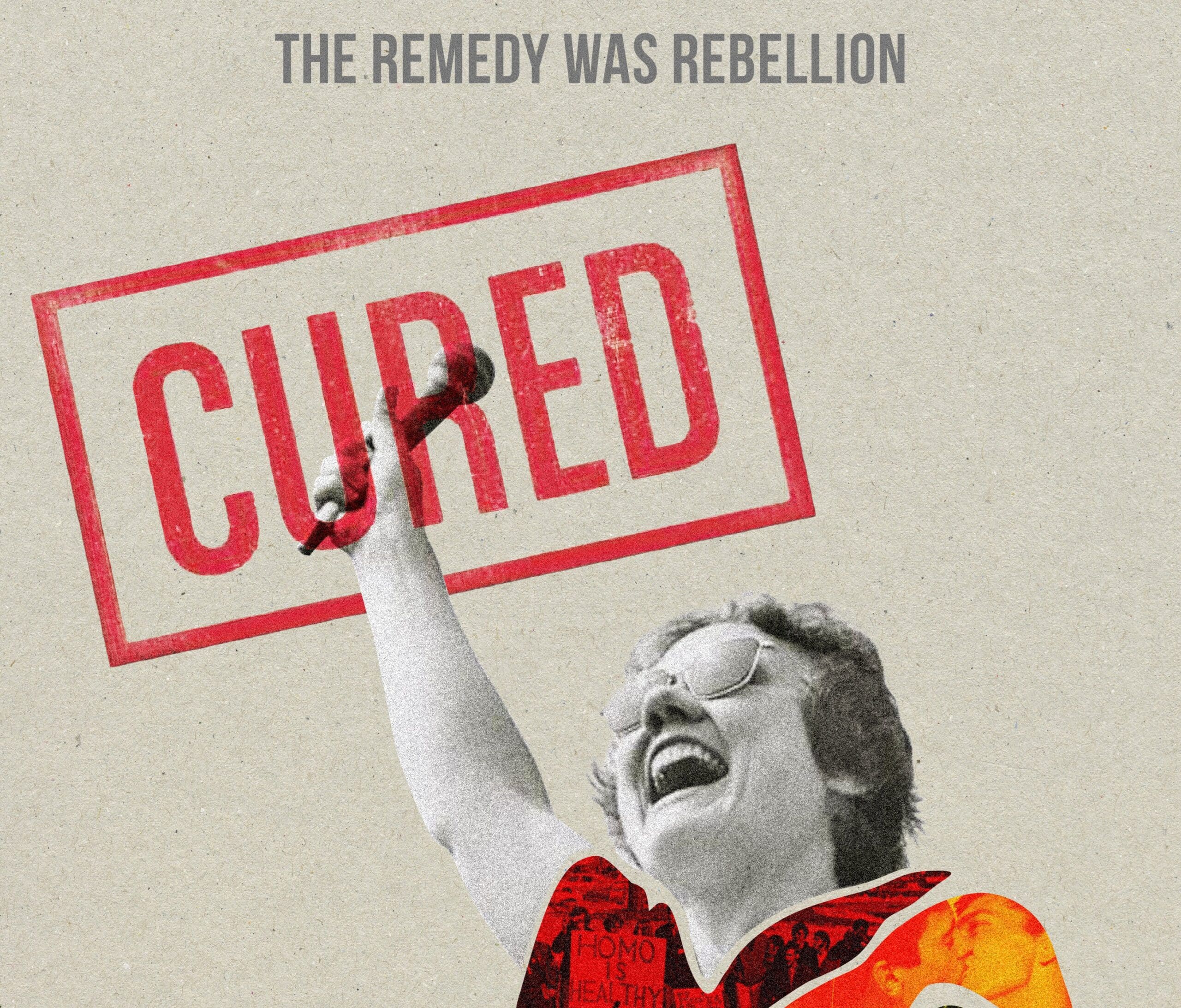 Protester with colorful shirt holding up a microphone, with the words "Cured: The Remedy was Rebellion" overlayed.