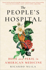A graphic showing a Black hand, medical equipment, and flowers, along with the words "The People's Hospital"